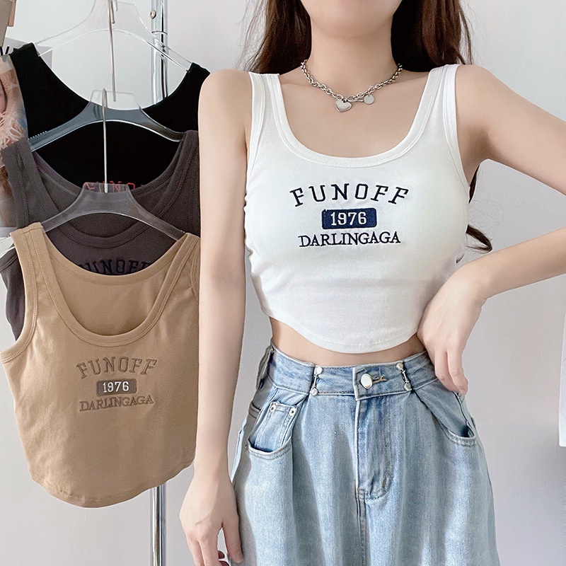 061976 Pure Cotton Fixed Cup Embroidered Sports Vest with Chest Pad Outside Wear All-match Top
