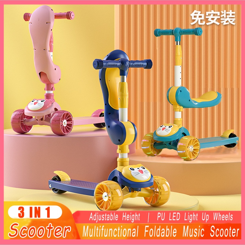 2023 New Cartoon Scooters for Kids Adjustable Height  PU LED Light Up 3 Wheel for 3 to 14 Yrs