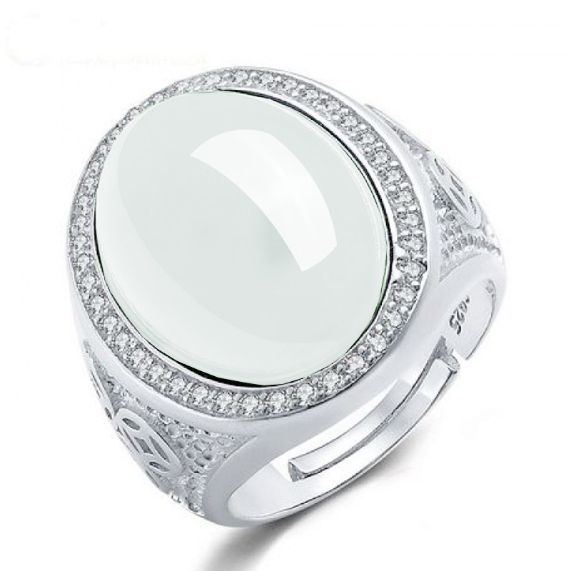 cincin lelaki perak S925 Silver Large Oval Egg White Jade Coin Ring ...