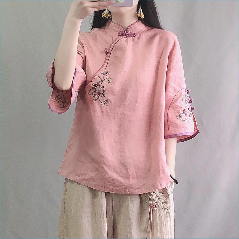 Chinese  retro cotton and linen shirt Chinese style stand-up collar contrast color plate button mid-sleeve top embroidered tea clothes  women's clothing casual blouse