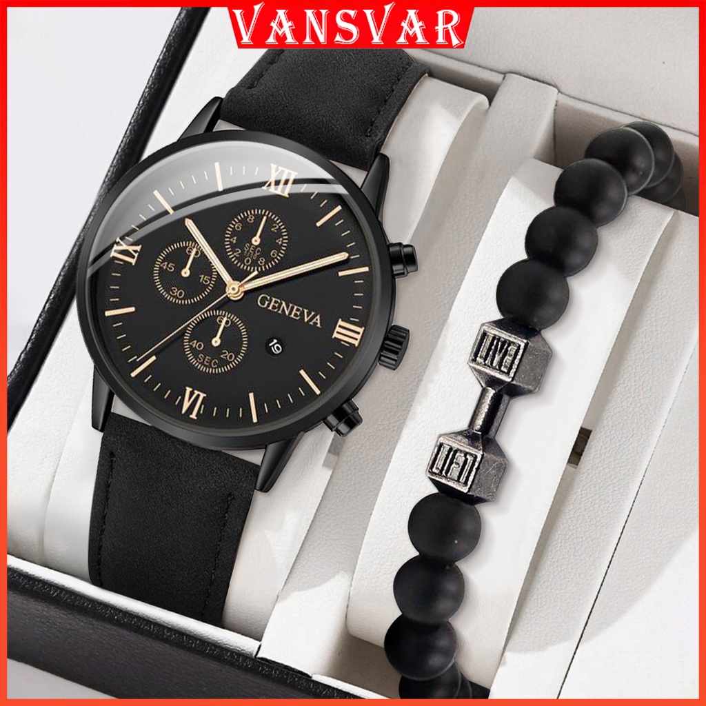 Fashion Men Watch with Date Leather Strap Watches Bracelet Set