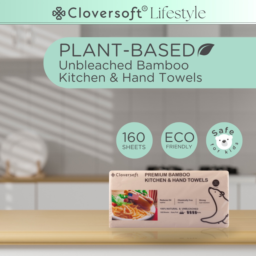 [Cloversoft Official] PlantBased Unbleached Bamboo Kitchen Towels and