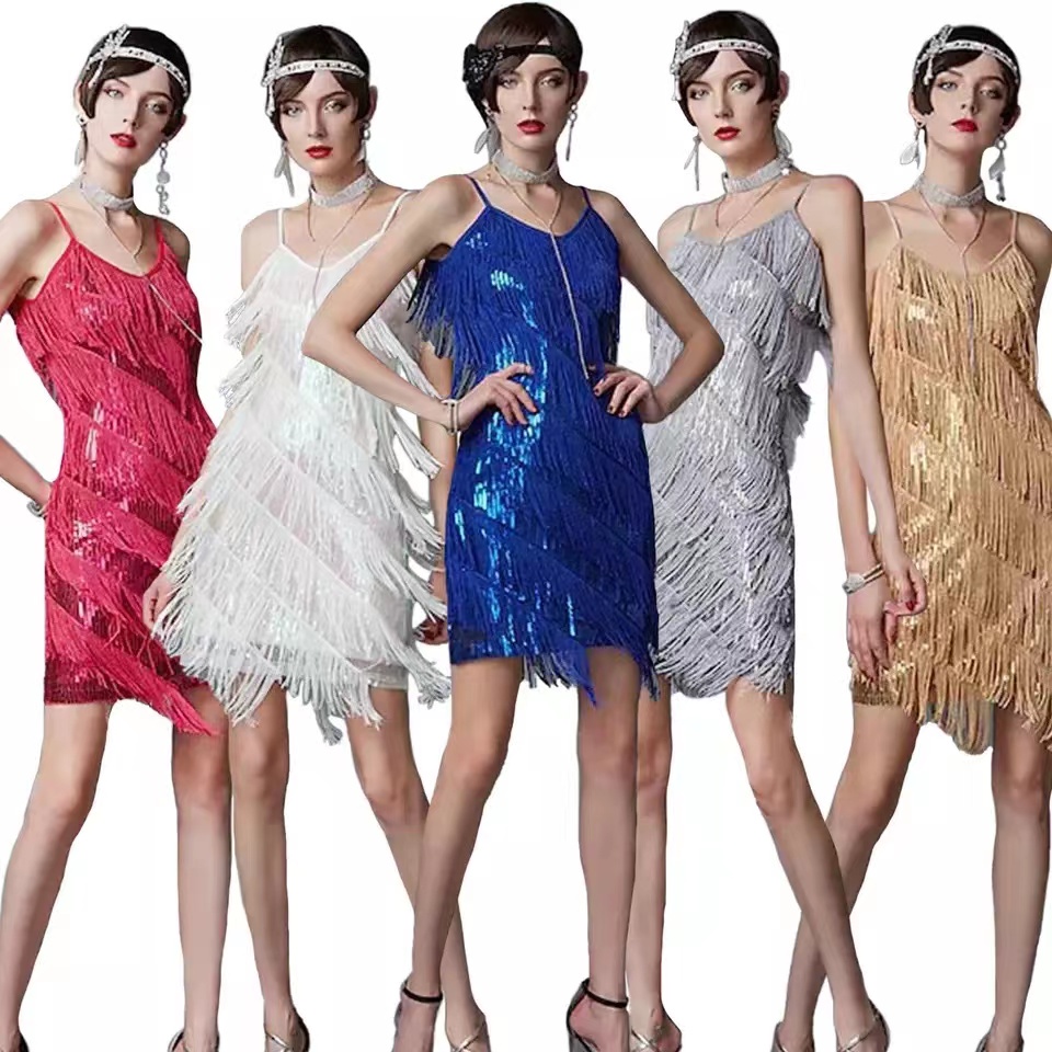 SIDAIMI 1920s Vintage Great Gatsby Party Sequin Dress Sexy V Neck Summer Cami Dress Gold Fringe Dress Vestidos Flapper Costumes S 3XL