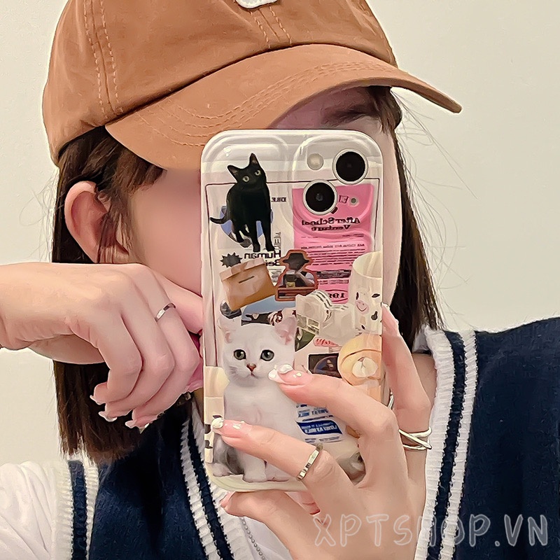 Vintage Poster Cat Wave edge Camera Protection Phone Case Compatible For iPhone 14ProMax 14Plus 13ProMax 12ProMax 11ProMax Full Coverage Air cushion IMD Shockproof Soft Cover