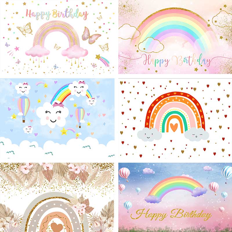 Cute Rainbow Cloud Sun Custom 1st Birthday Backdrop
