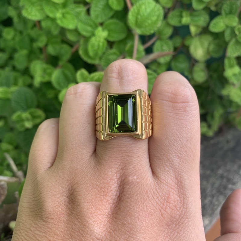 HIJAU Green Diamond Peridot Stone Ring Gold Titanium Steel Ring