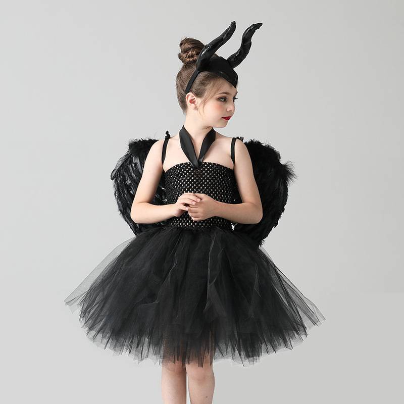 Kids Maleficent Black Gown Halloween Costumes Gothic Dark Witch