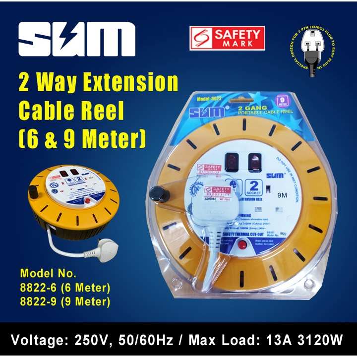 2 Way Extension Cable Reel with Safety Mark (6 & 9 Meter) Shopee