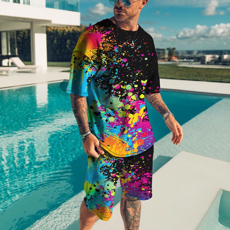 Male Tracksuit Set Men's Clothing 2 Pcs Set Splatter Colorful Paint Stains 3D Print Casual Men Sets Short Outfits T Shirt+Shorts