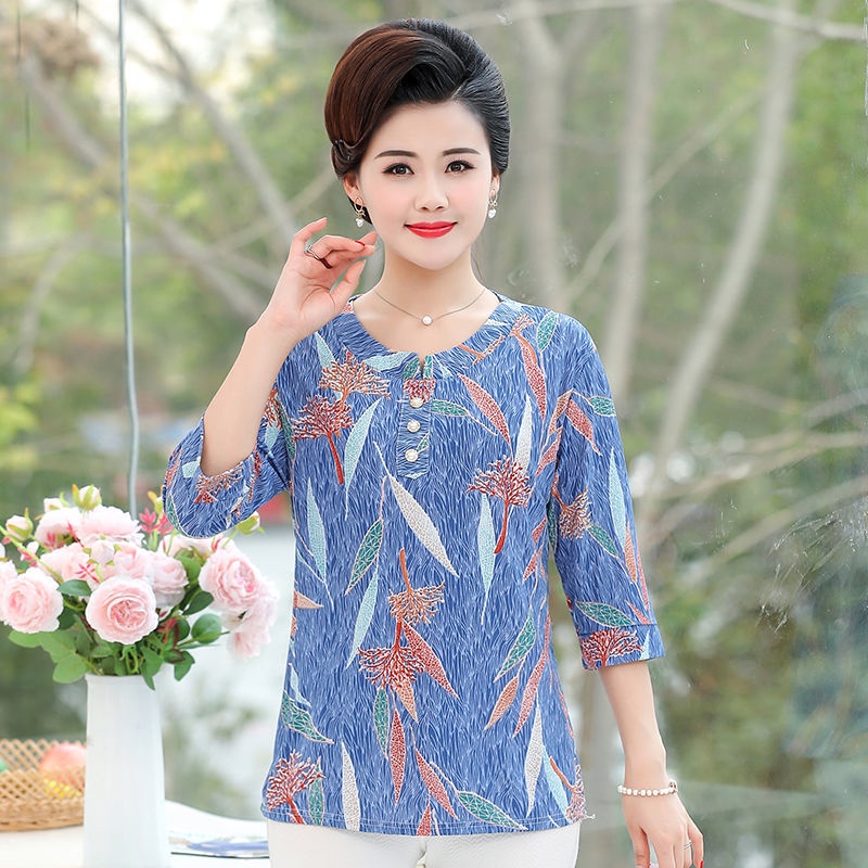 Middle Aged and Elderly Women 2021 Round Neck Blouse Mom's Three ...