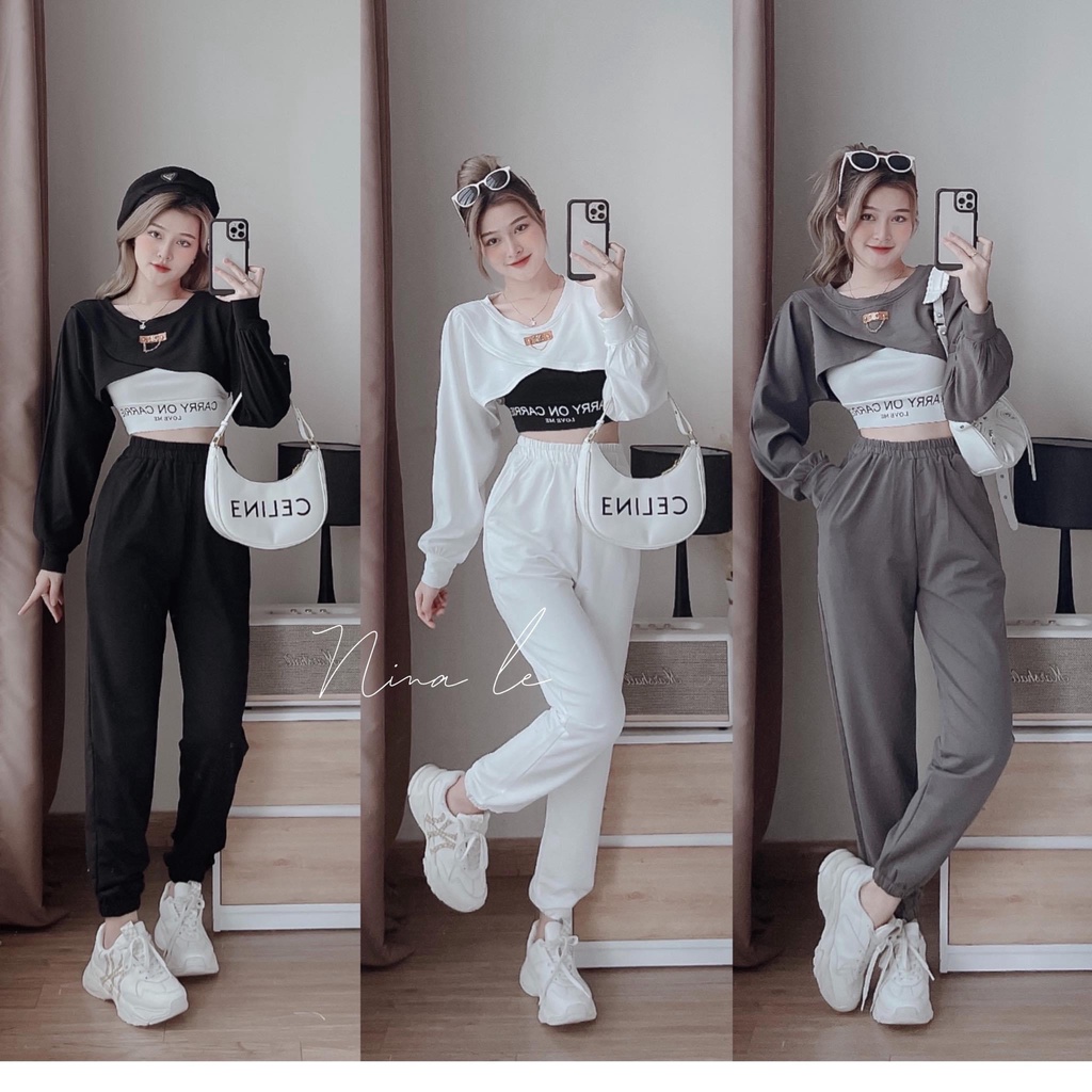 Set Of Women'S Sportswear 3 Piece croptop Shirts mix bra With Standing Pants For Girls Who Like Young And Dynamic