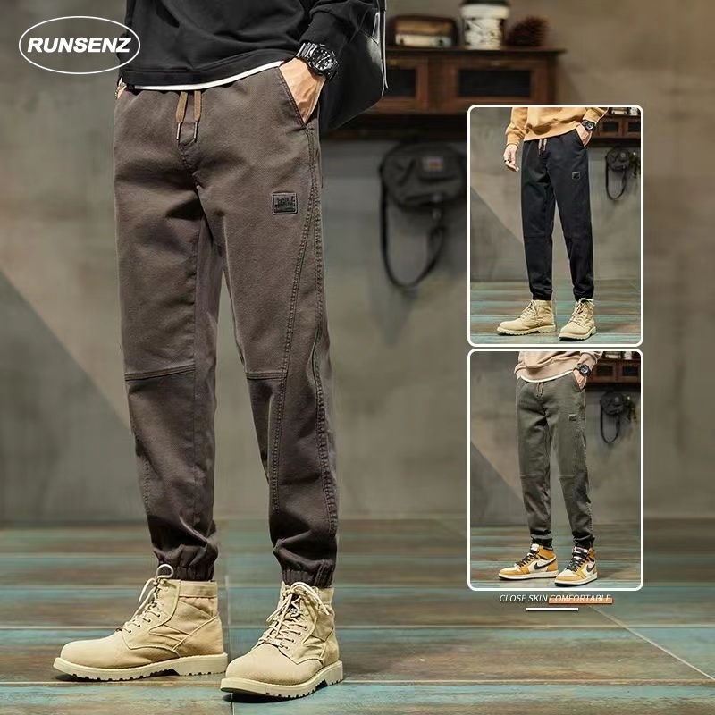 Japanese Simple Vintage Cargo Pants Men Slim Fit Long Pants Plus Size