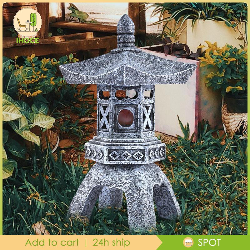 [Ihoce] Solar Pagoda Lantern Polyresin Garden Statue Outdoor Asian Decor LED Outdoor Light Lamp