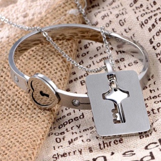 2Pcs Tone Stainless Steel Lover Heart Love Lock Bracelet with Lock Key  Bangles Kit Couple Gift