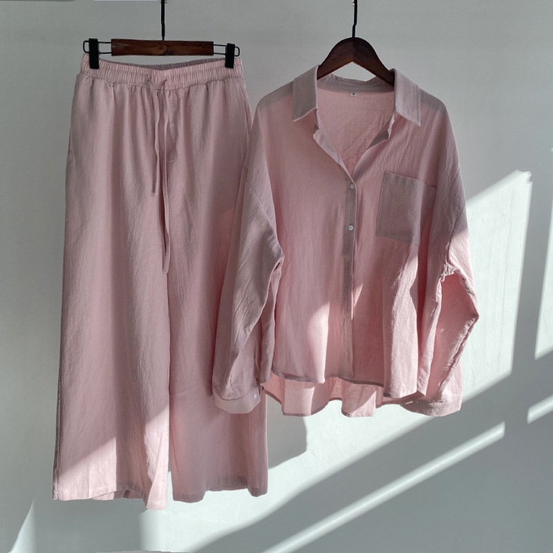 2 Piece Set Vintage Plus Size Women's Clothing 2022 Cotton Linen Shirt High Waist Loose Trousers
