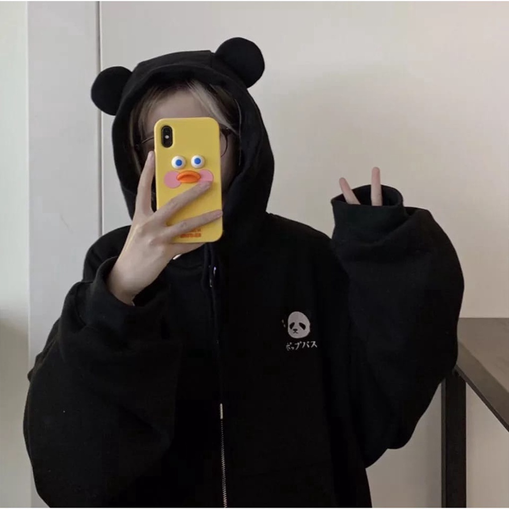 Ss ZIPPER PANDA Hoodie Women Korean Style Cute Hat Ears Logo Embroidery Fleece Material Shopee Singapore