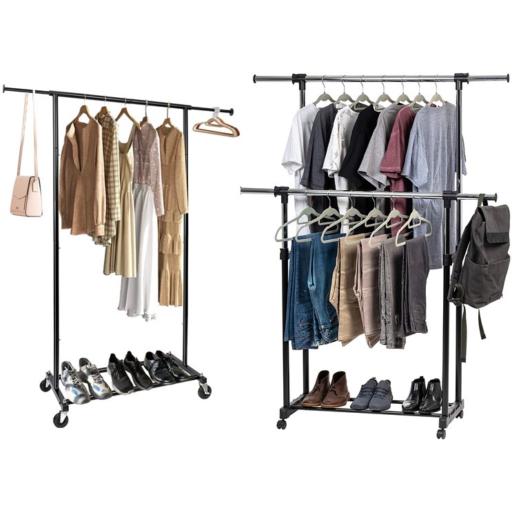 Stainless Steel Adjustable Rolling Garment Rack, Single/Double Bar Rail ...