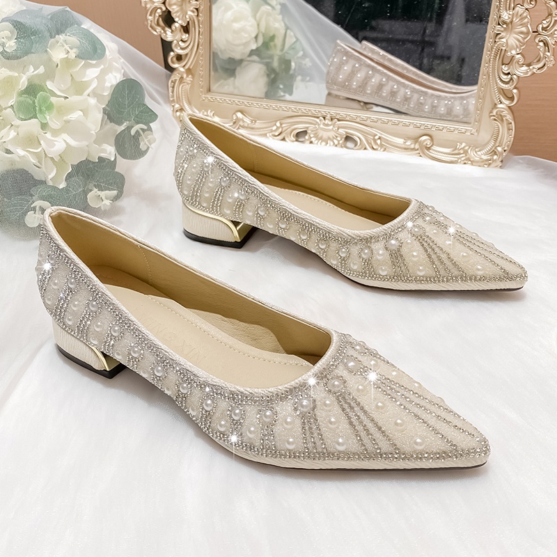 Pearl Rhinestones Wedding Shoes Bridal Shoes Pointed Toe Thick Heel Large Size Women s Shoes Pair With White Wedding Dress High Heels Size 33 42