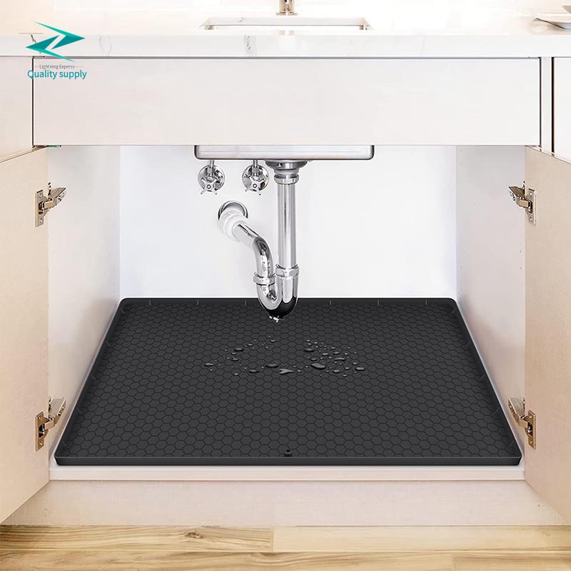 Under Sink Mat,Silicone Under Sink Liner, Under Kitchen Sink Mat with Unique Drain Hole Design