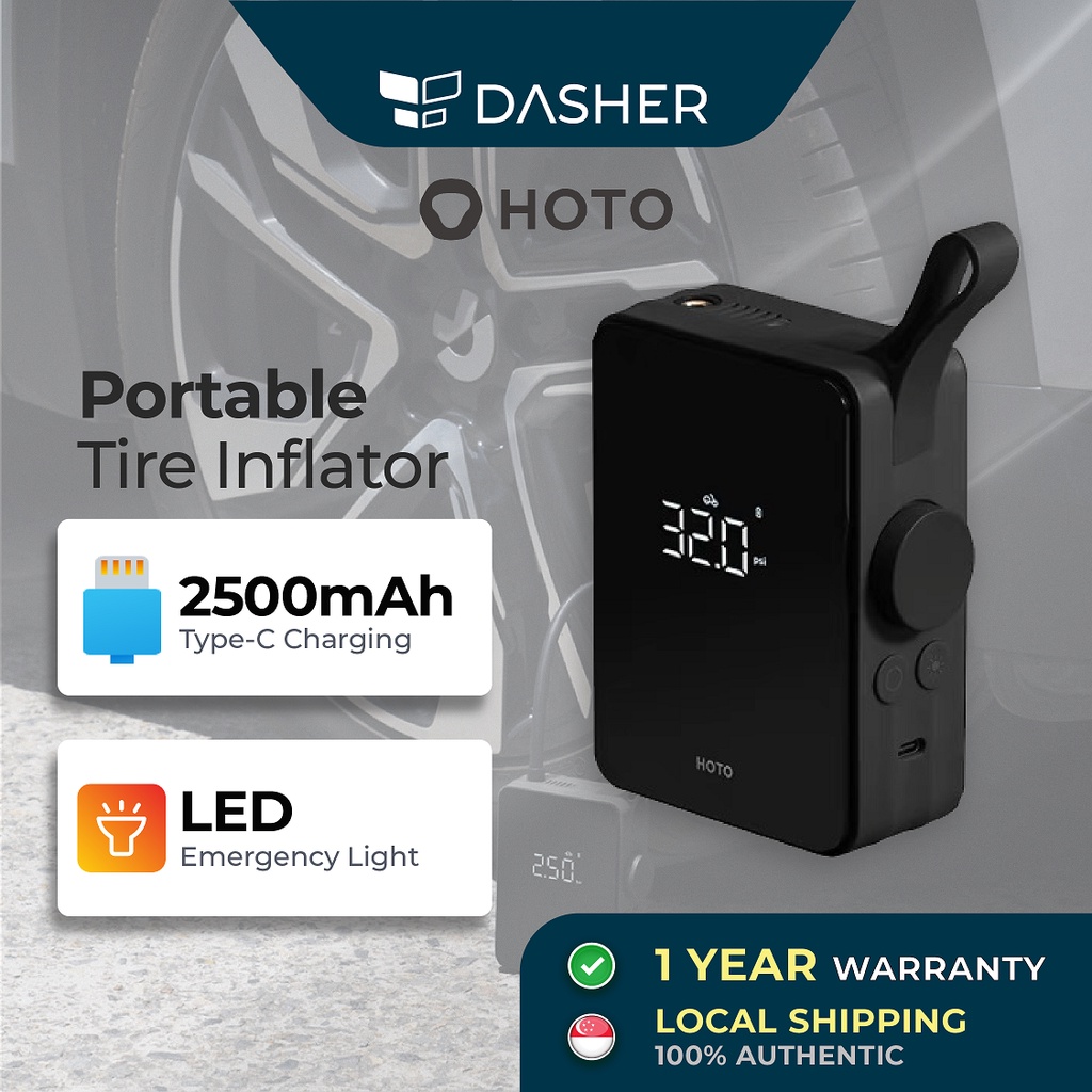 HOTO Portable Electric Tire Inflator Type C Charging LED Emergency Light 5 Presets Bag Included