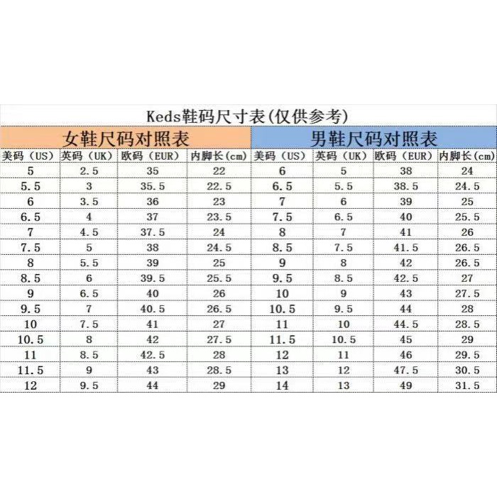 Keds shoe size on sale chart