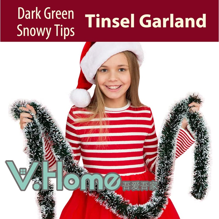 2pcs Christmas Tinsel Garland, Dark green Snowy Tip Streamer for