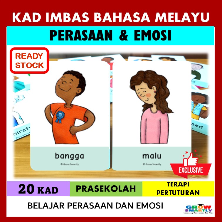 20 Perasaan dan Emosi Kad Imbas Bahasa Melayu Flash Card for Kids ...