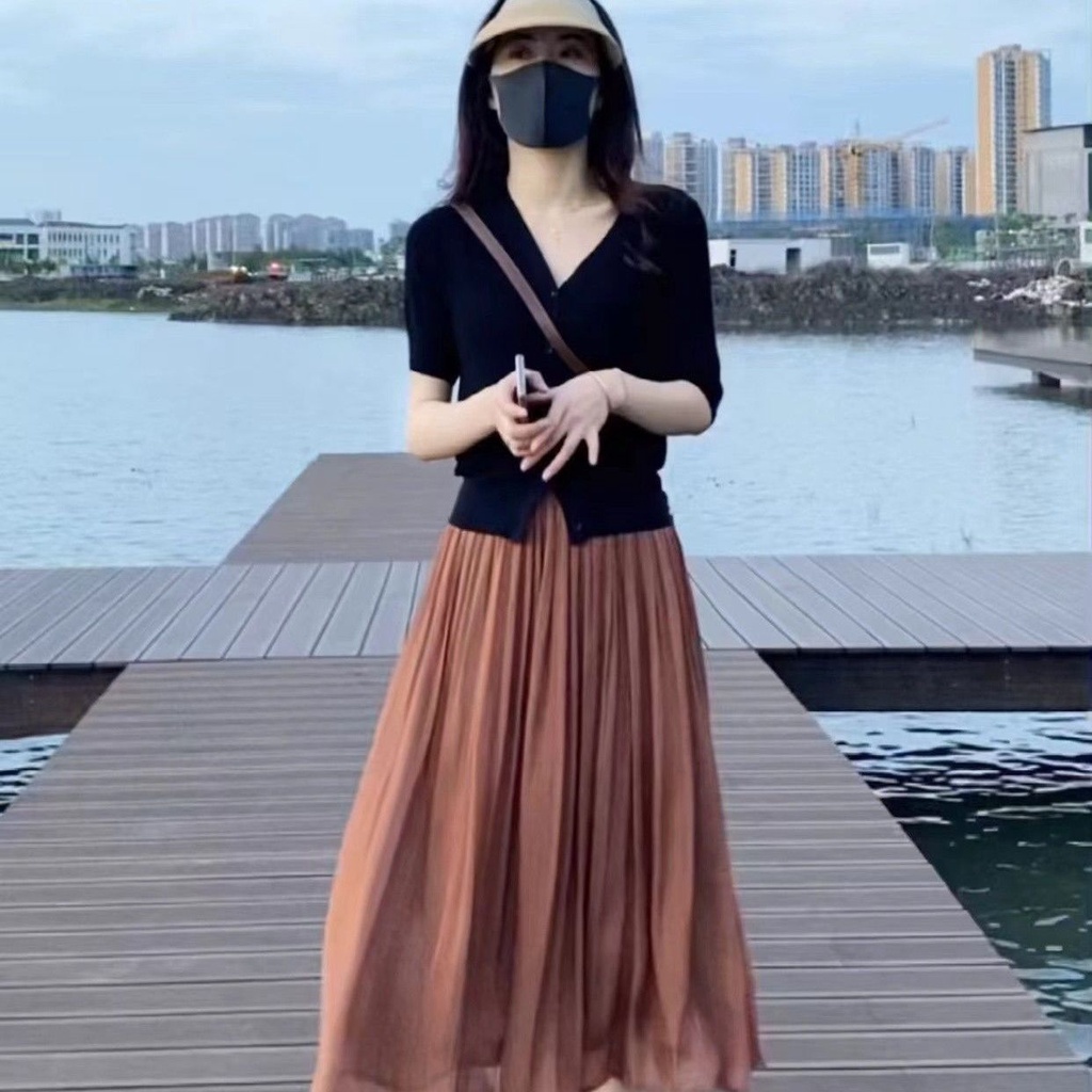 Gilt Yarn Thin Pleated Skirt Women High Waisted Slim a Line Large Swing Mesh Skirts Shopee Singapore