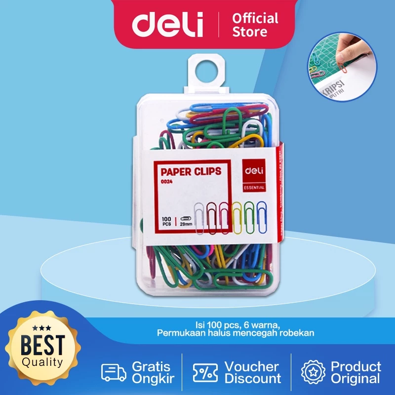 Deli Klip Kertas / Paper Clips / Kebutuhan Kantor - Multi Warna 29 mm E0024 - Gambar 2