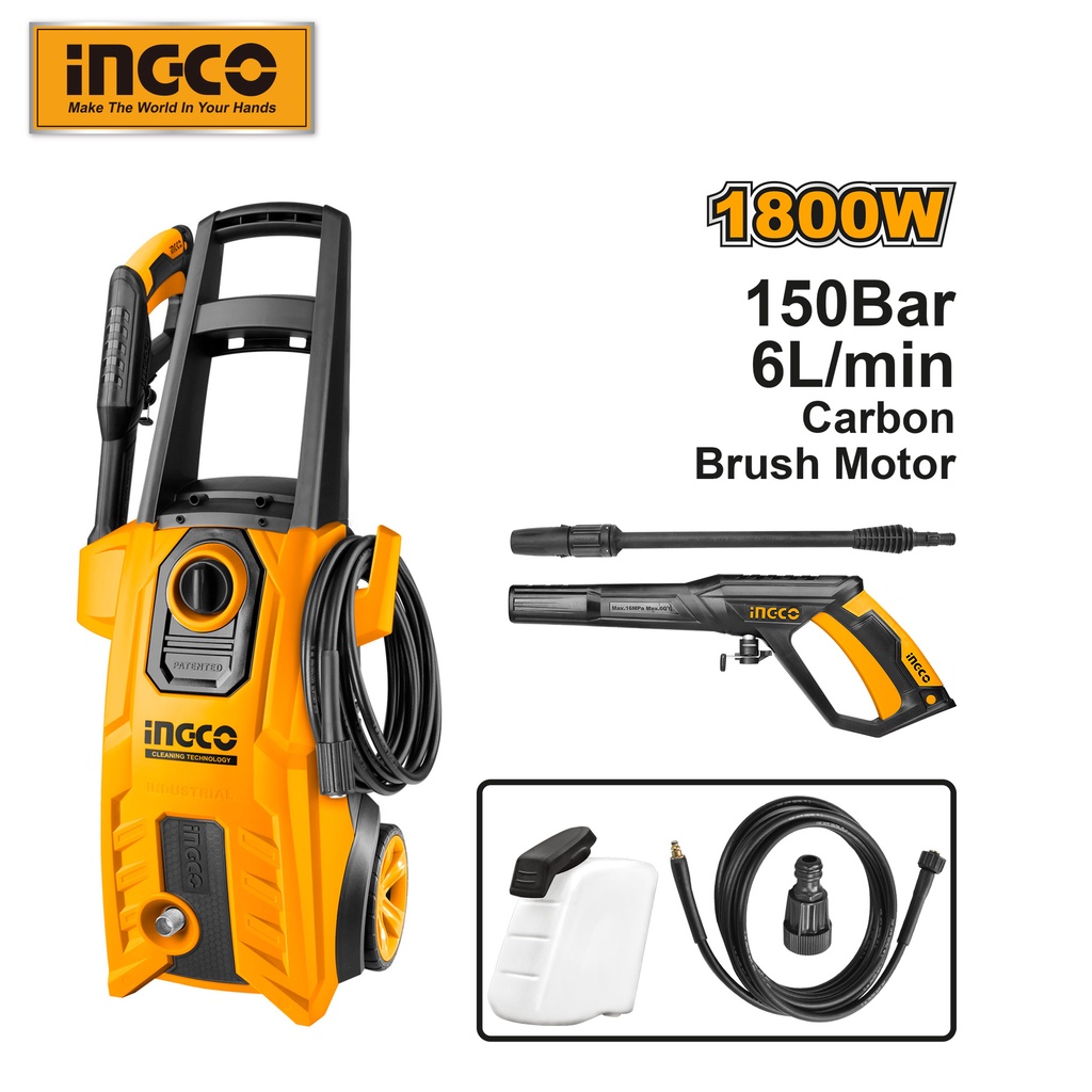 INGCO 1800W High Pressure Washer Pure Copper Wire 5m High Pressure Hose 150Bar Soap Bottle HPWR18008
