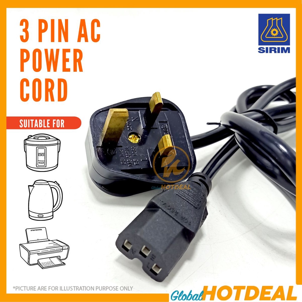 SIRIM Power Cord 3 Pin Plug Power Supply Cable Plug 13A Fuse Wayar