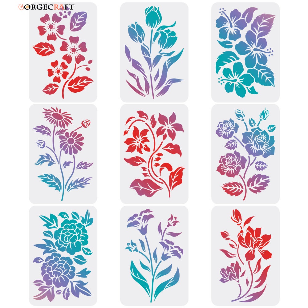 1Set 9pcs Flower Stencils for Painting 29.7x21cm Flower & Leaves
