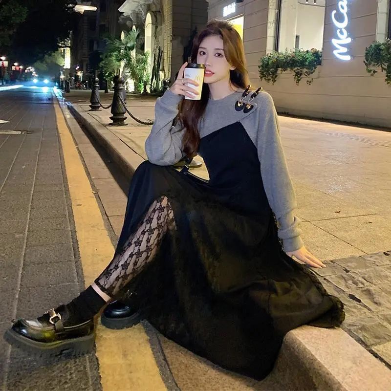 Sling dress set female clothing new design sense tops in the long paragraph black waist temperament skirt