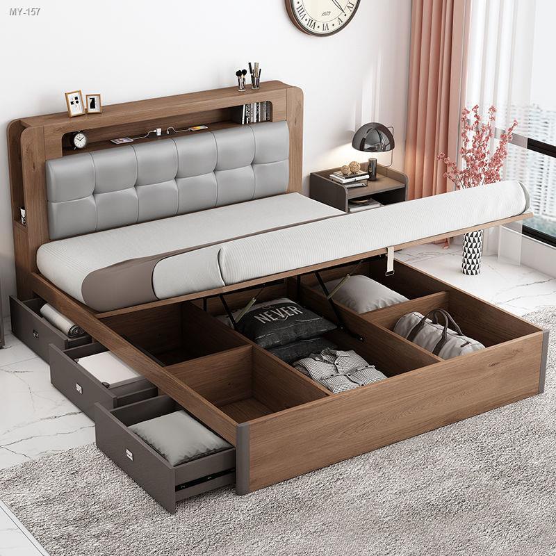 Simple high box storage bed bedroom tatami pull-out pneumatic storage ...