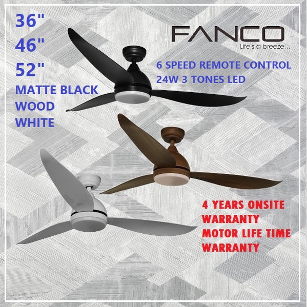 FANCO B-STAR DC Motor Ceiling Fan (3 Tone LED Light Kit / Remote ...