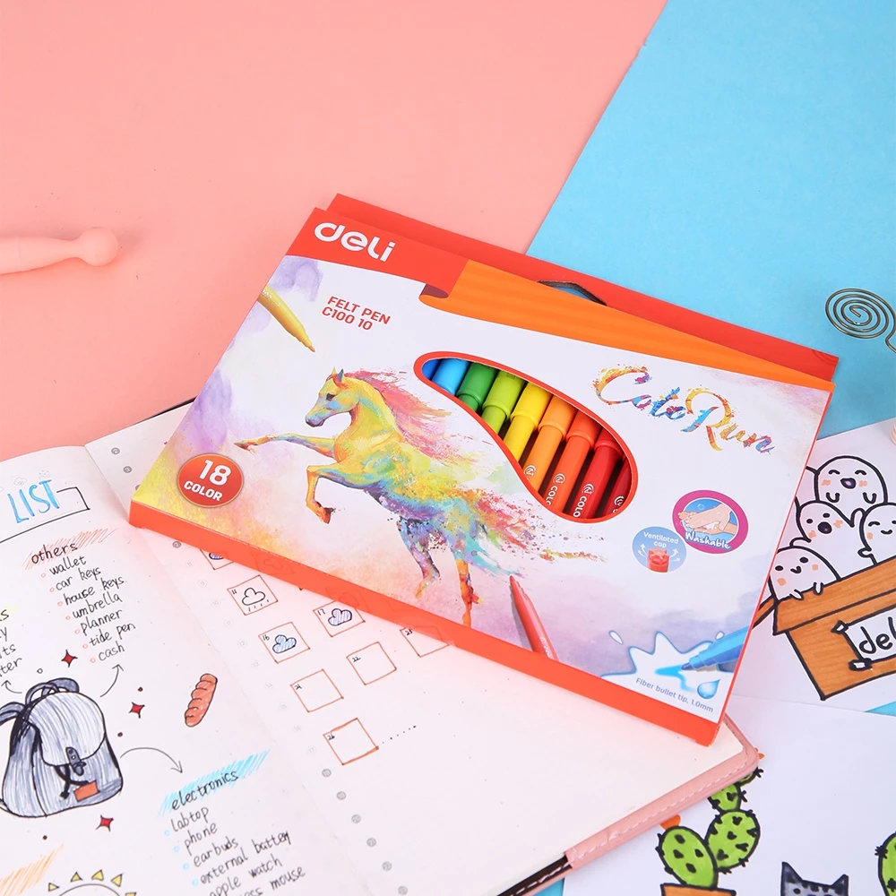 Deli Spidol 18 Warna Tidak beracun Warna Cerah EC10010 - Gambar 4