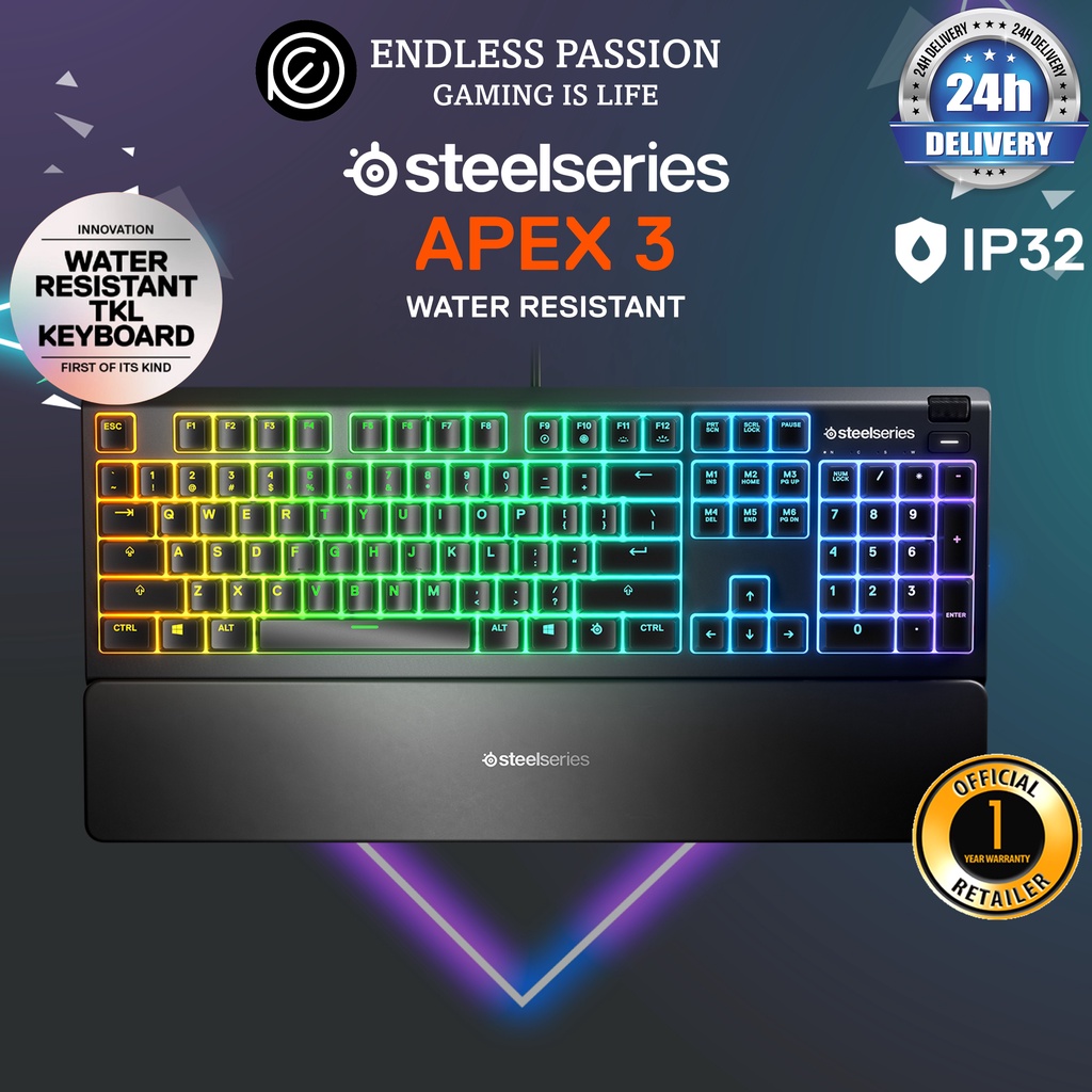 SteelSeries Apex 3 RGB Gaming Keyboard (Whisper Quiet Gaming Switch