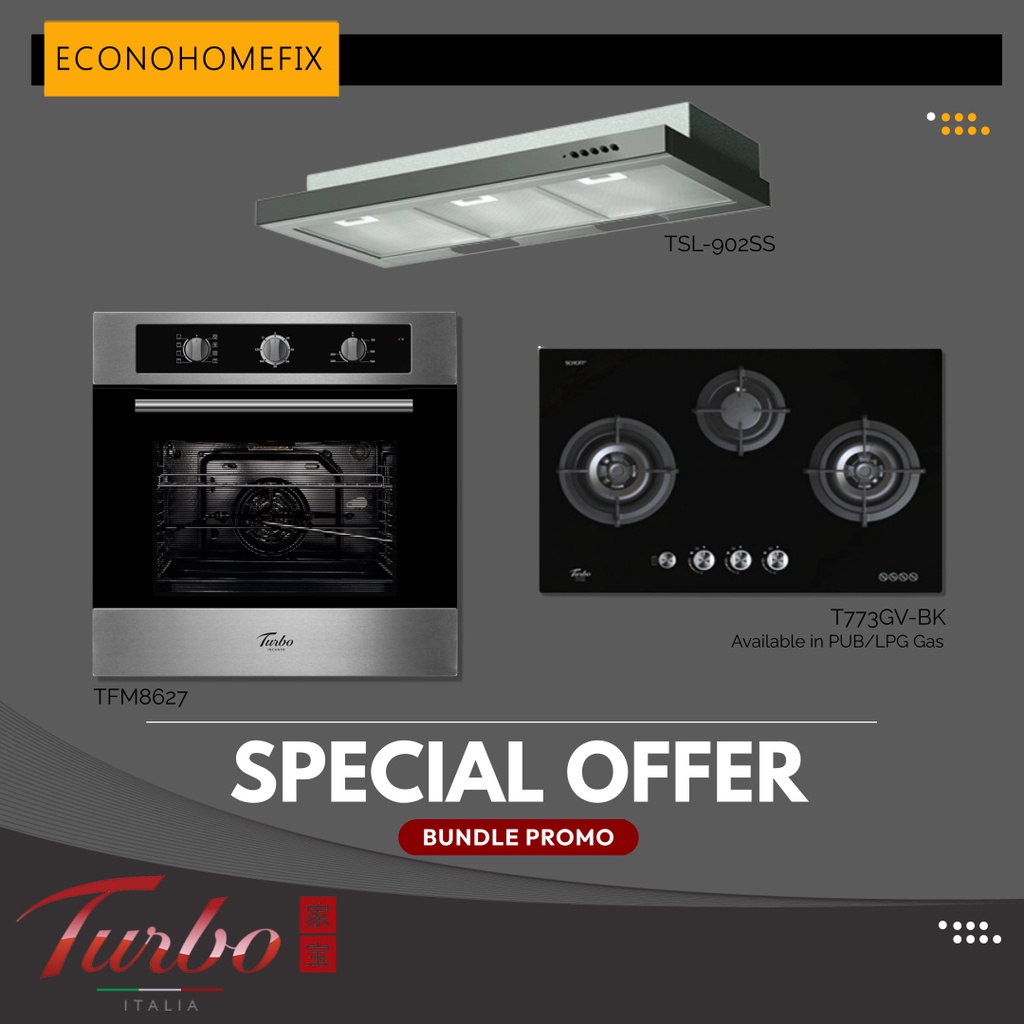 [ TURBO ITALIA ] BUNDLE/PACKAGE PROMO 3 BURNER GLASS HOB + HOOD + OVEN