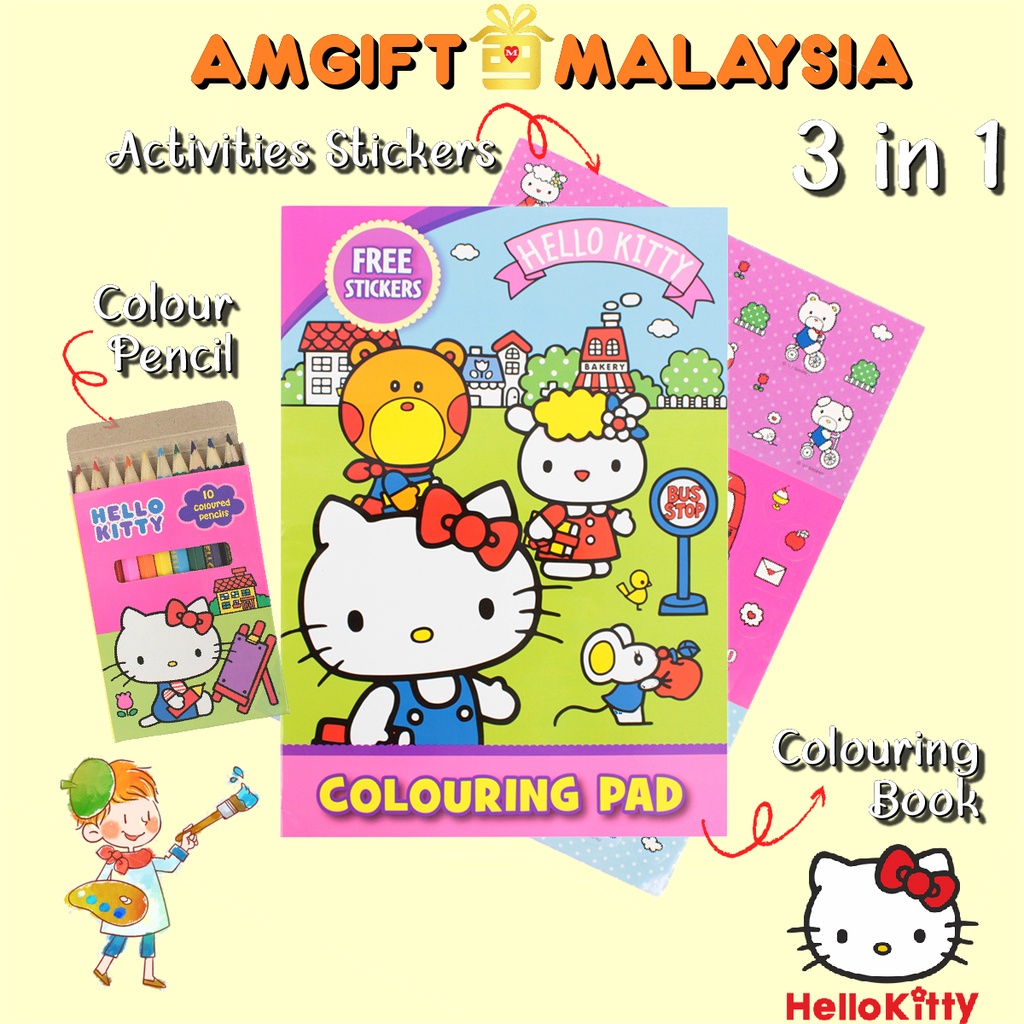 Hello Kitty Set Colouring Book With 12 Colour Pencils & Free Stickers