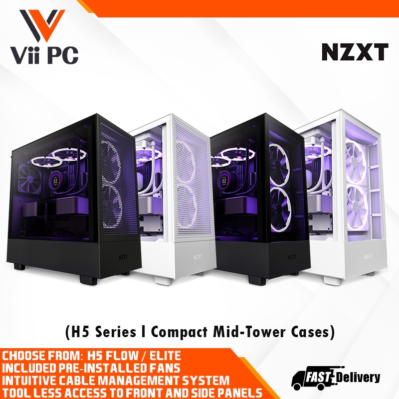 NZXT H5 Flow CC-H51FB-01 Black ATX Mid Tower Tempered Glass Computer Case