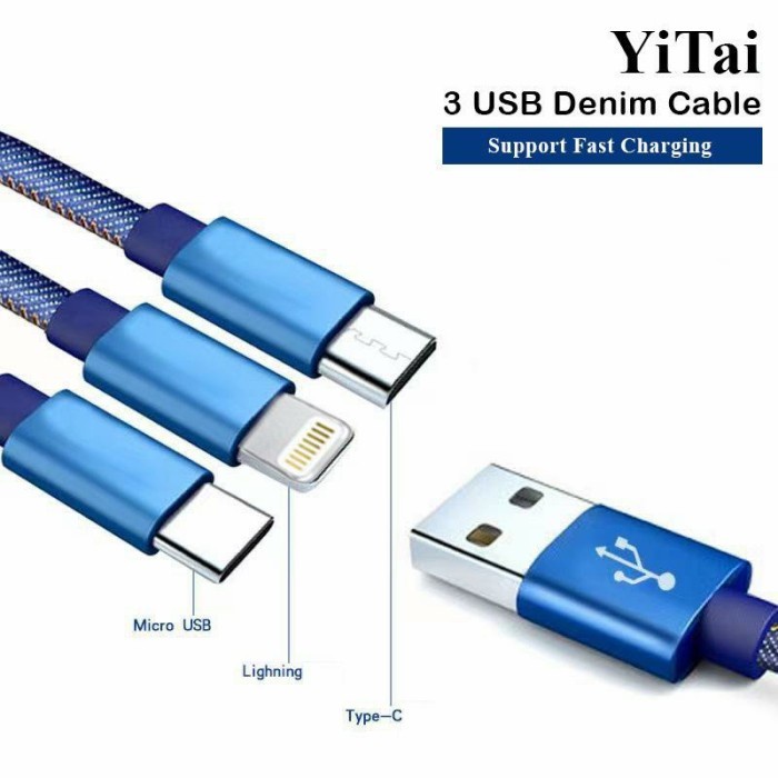 YI TAI - Kabel Data Micro Type C Lightning 3 In 1 Denim Fast Charging - Gambar 3