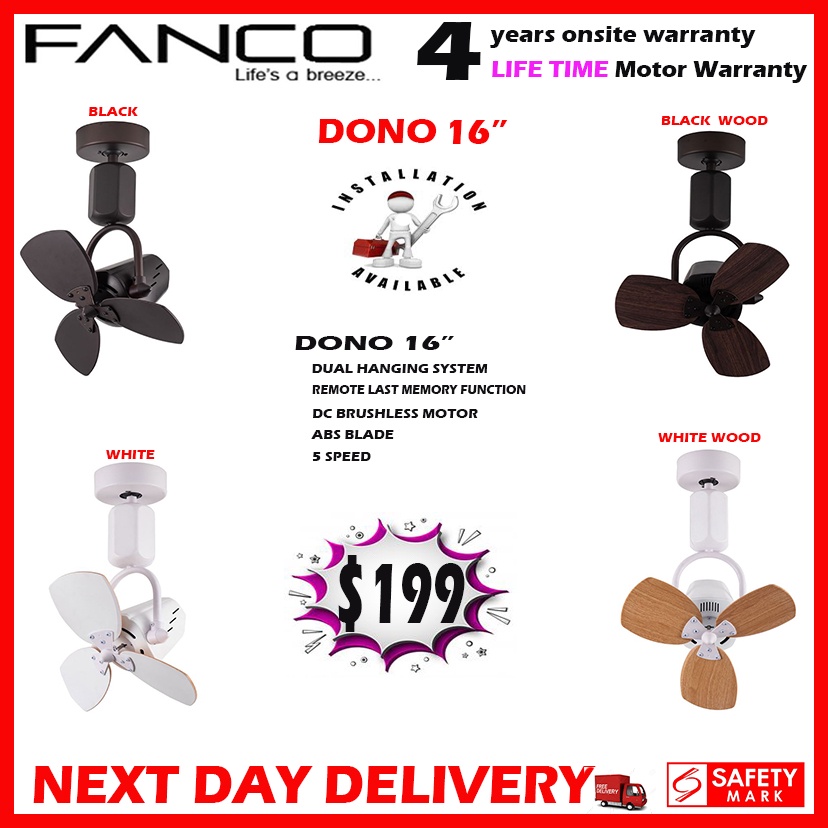 [FREE DELIVERY] FANCO DONO 16" Corner Fan - DC Motor Ceiling & Wall Mounting Fan - Remote control Last Speed Memory
