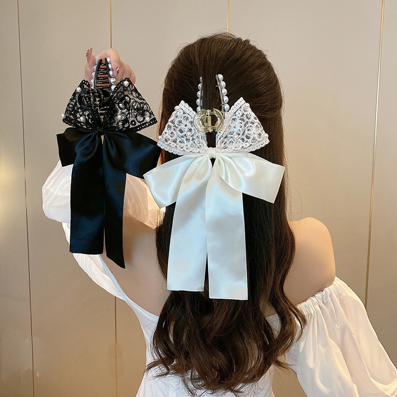 Korean Bow Ribbon Hair Clip Pearl Shark Clip Fashion Plastic Hair Claw ...