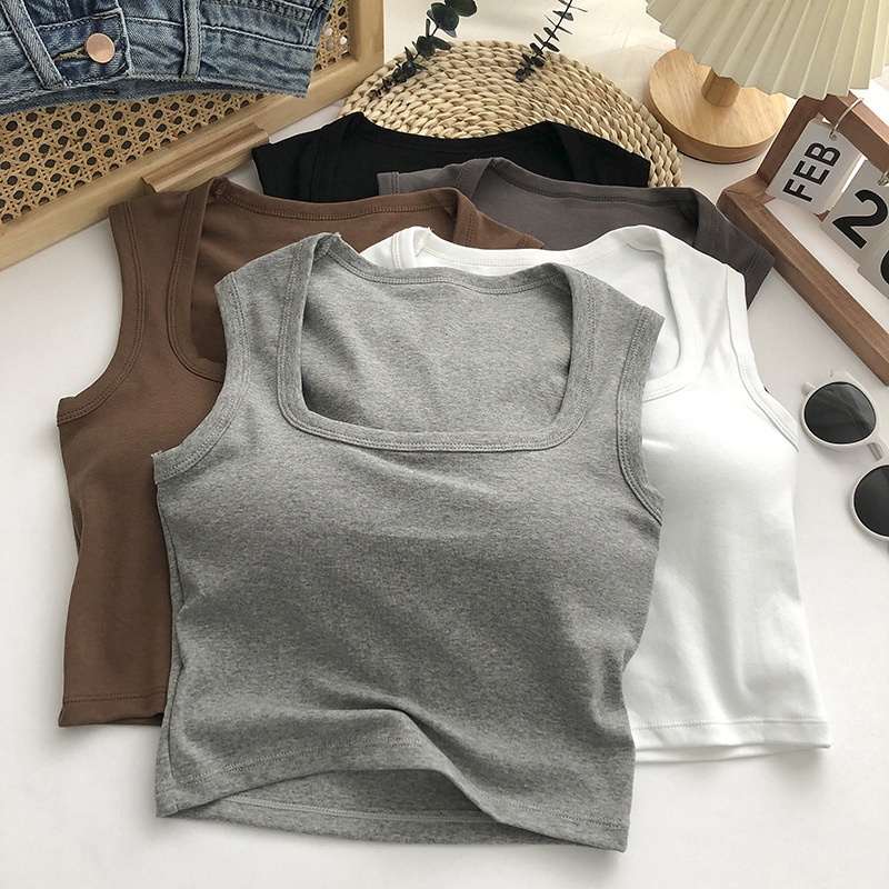 Wide Shoulder Slim-Fit Vest Ladies Solid Color Square Neck