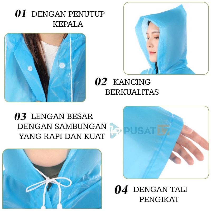 PUSAT17 JAS HUJAN EVA TRANSPANT TEBAL DEWASA DAN ANAK / JAS HUJAN KOREA PONCHO PRIA WANITA UNIVERSAL / RAINCOAT MANTEL HUJAN PVC TERUSAN IMPORT - Gambar 3