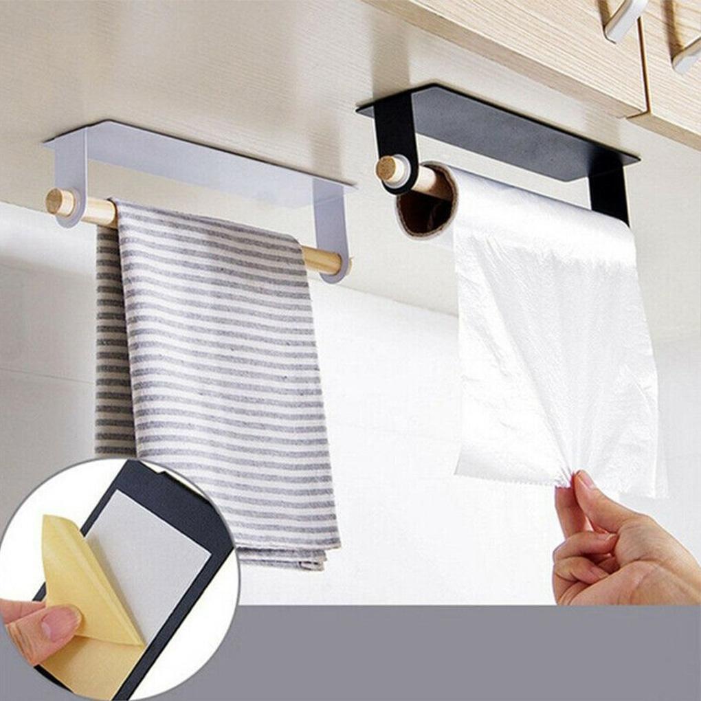 Punch Free Self-adhesive Roll Paper Holder Towel Wooden Storage Rack ...