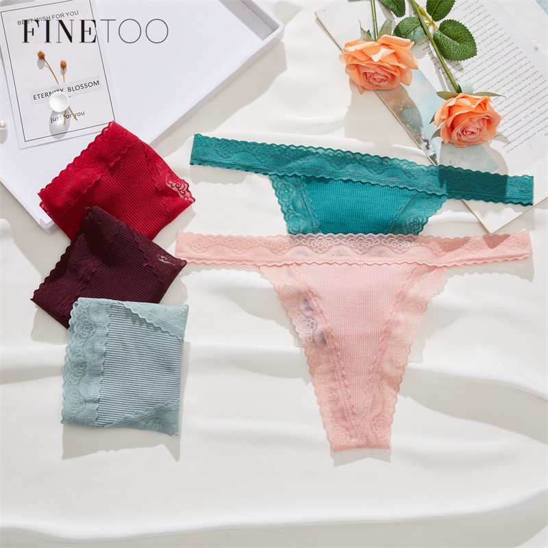 FINETOO 3Pcs/Set Sexy Thongs Low-Rise Lace G-string Panties Women Cotton T-Back Underwear S-XL