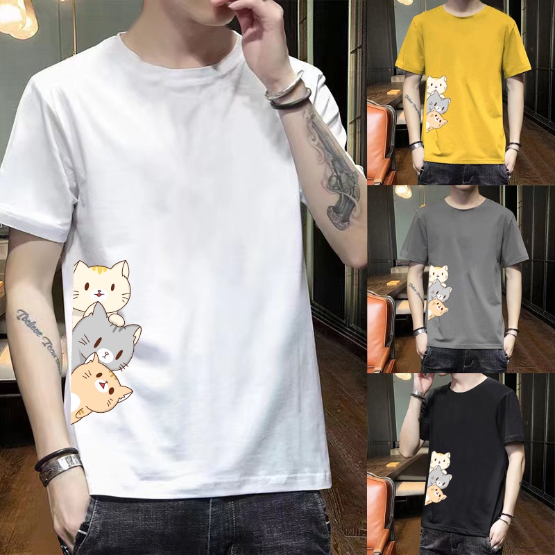 New Summer  loose plus-size fashion simple trend cartoon cat print  Short-sleeved  Youth Student Men clothes Casual clothing   Round neck top men T shirt  plus-size loose clothes