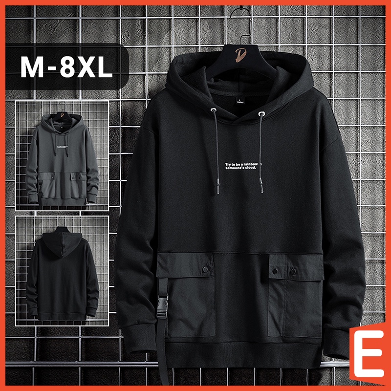 [M-8XL] Hoodie Plus Size Men Casual Sport Korean Style Oversized Hooded Long Sleeve Drawstring Printed Black Grey Pullover Sweatshirt with Flap Pockets Man Large Big Size Clothing