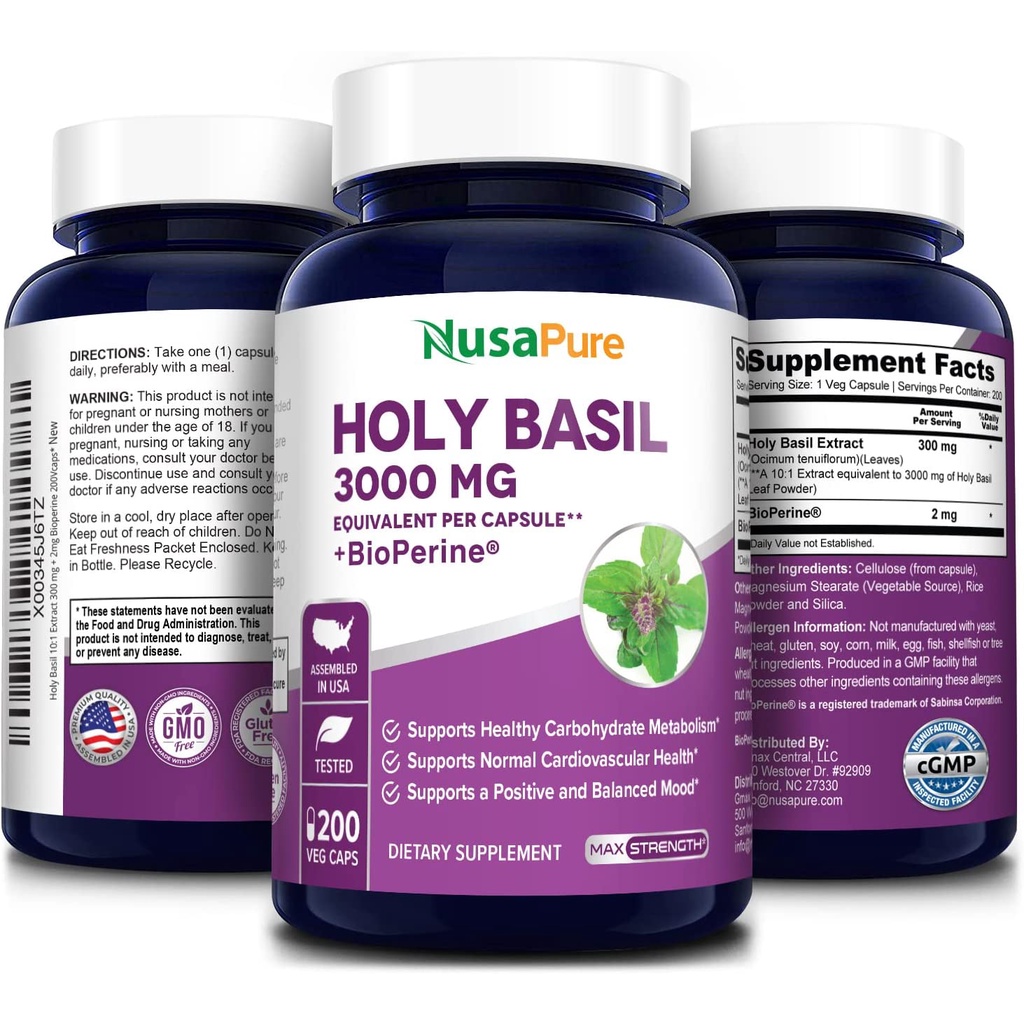 NusaPure Holy Basil 3 000 mg with Bioperine 200Vcaps. Non GMO